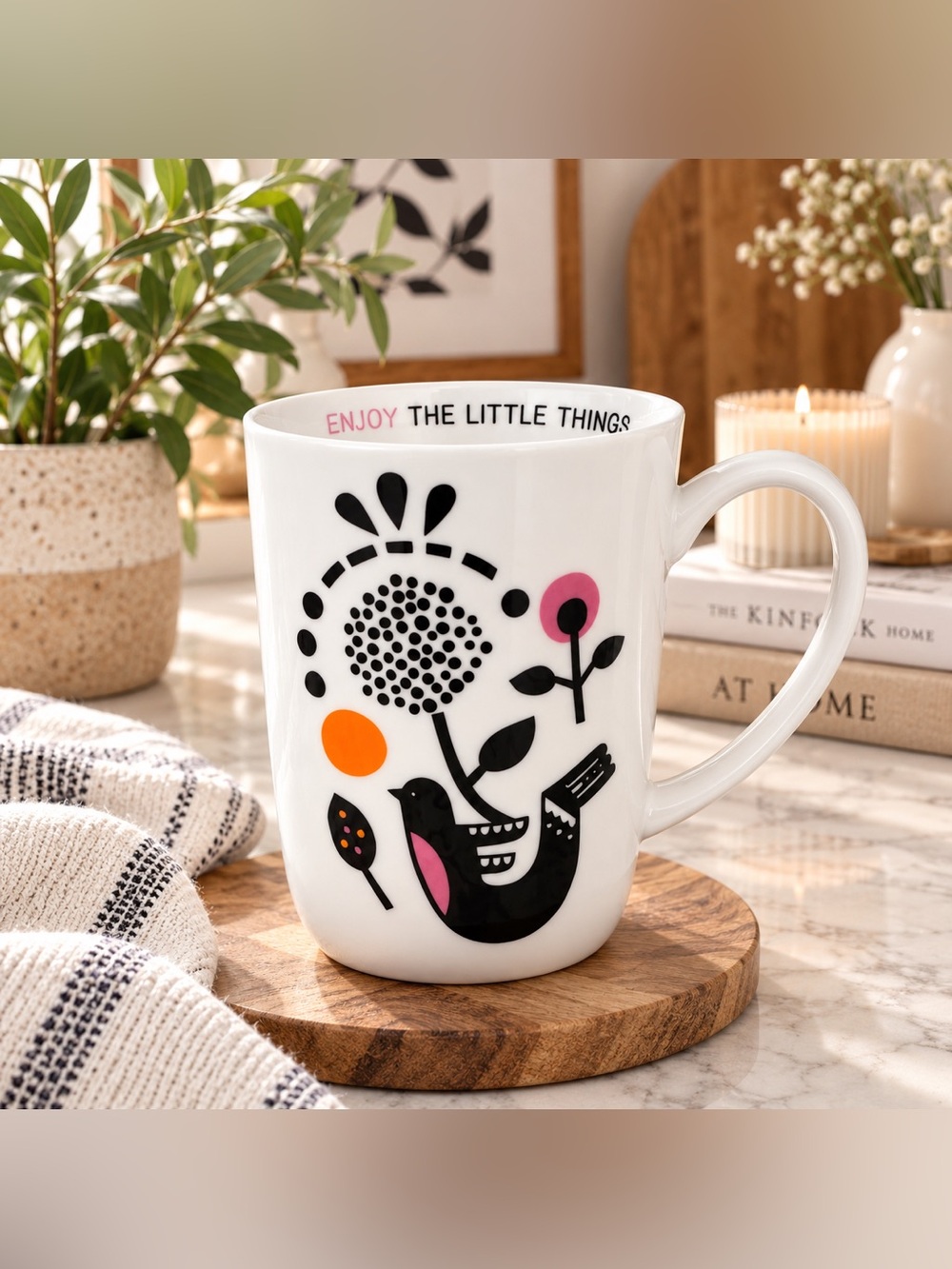 kikki.K White Ceramic Mug with Black, Pink & Orange Bird Design